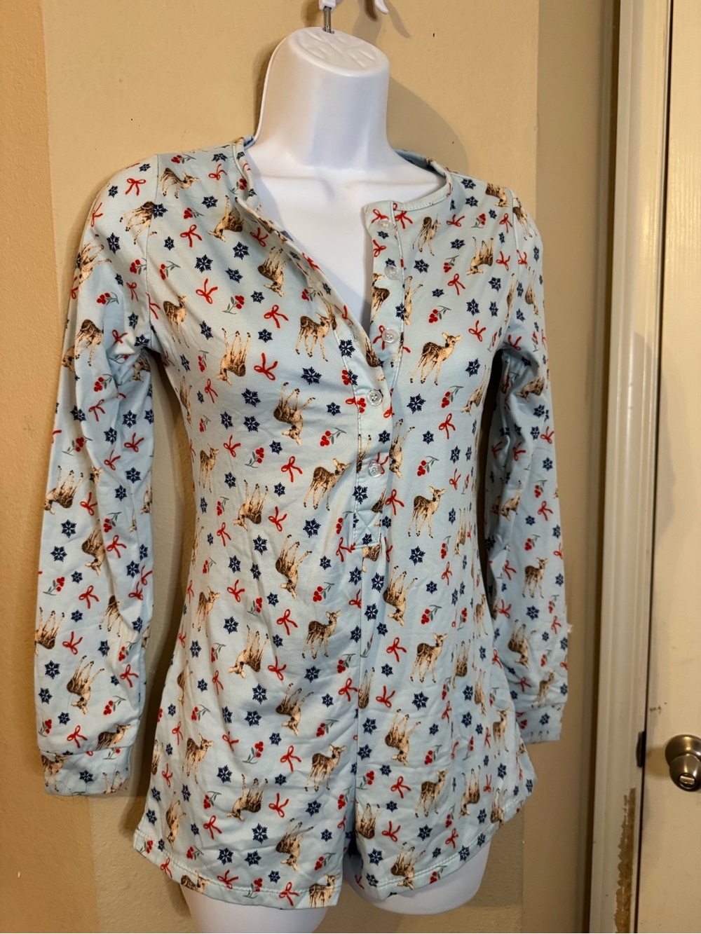 Light Blue Women's Deer Print Long-Sleeve Pajama Romper